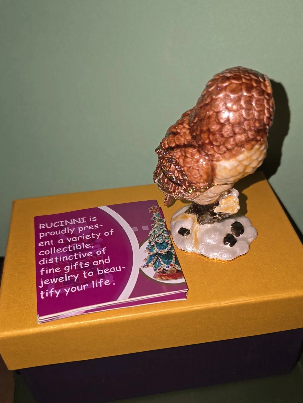 Rucinni Mini Metal and Enamel/ Swarovski Crystal Owl Figurine Trinket Box